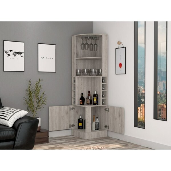 Tuhome Syrah Corner Bar Cabinet, Eight Bottle Cubbies, Double Door, Two Open Shelves, Light Grey BLZ6547 - main